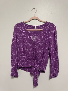 BP. Purple Polka dotted Heart Long Sleeve V-neck Tie Waist Blouse